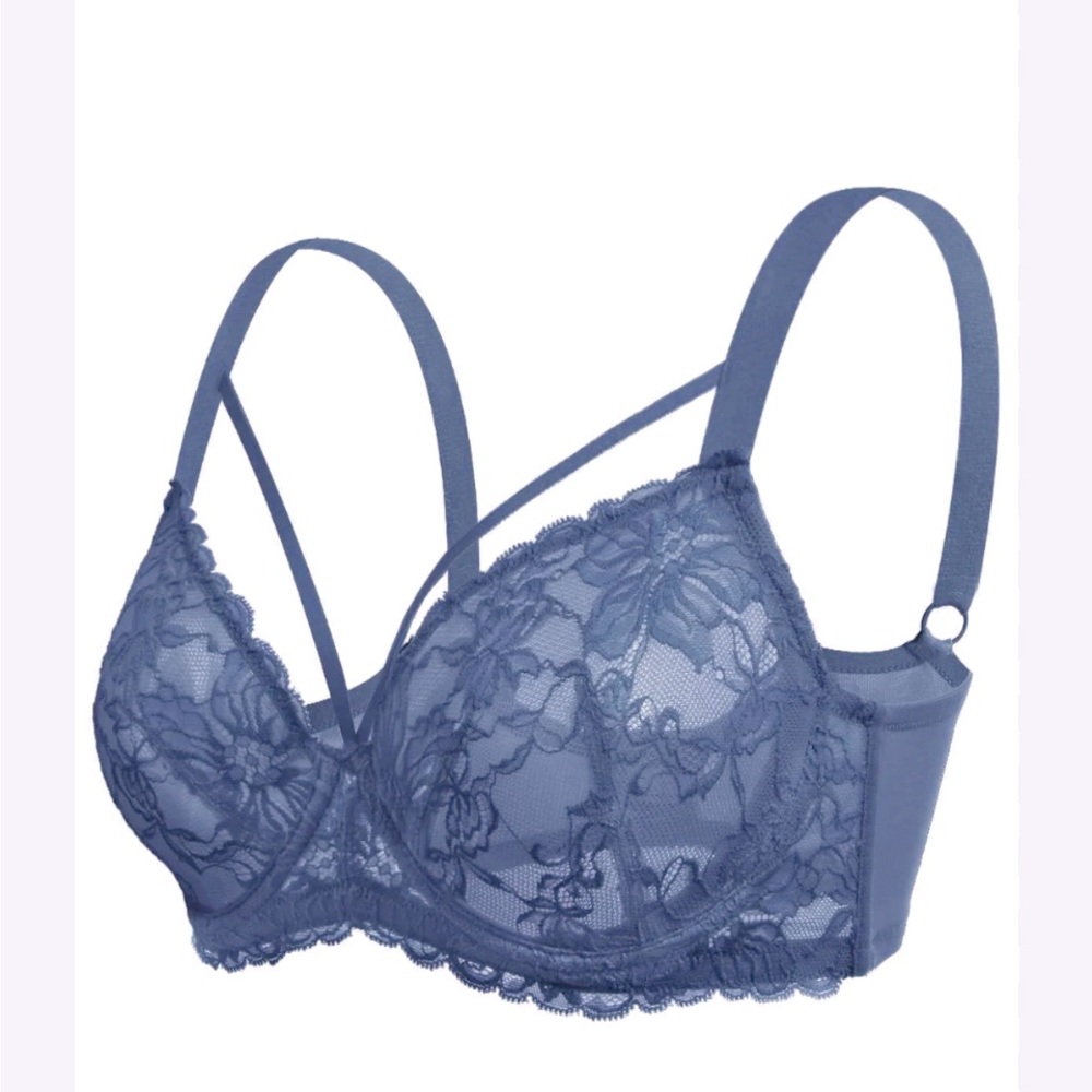 Woman’s strappy crisscross padded gray blue lace bra by smart&sexy 38DD